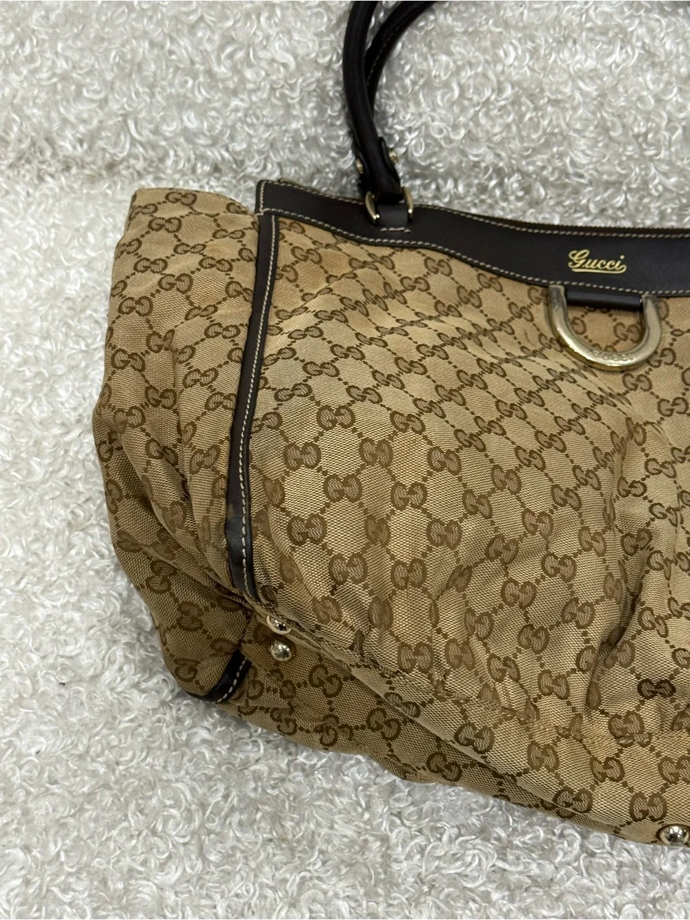 Gucci Abbey Canvas Tote with Brown Leather Trim